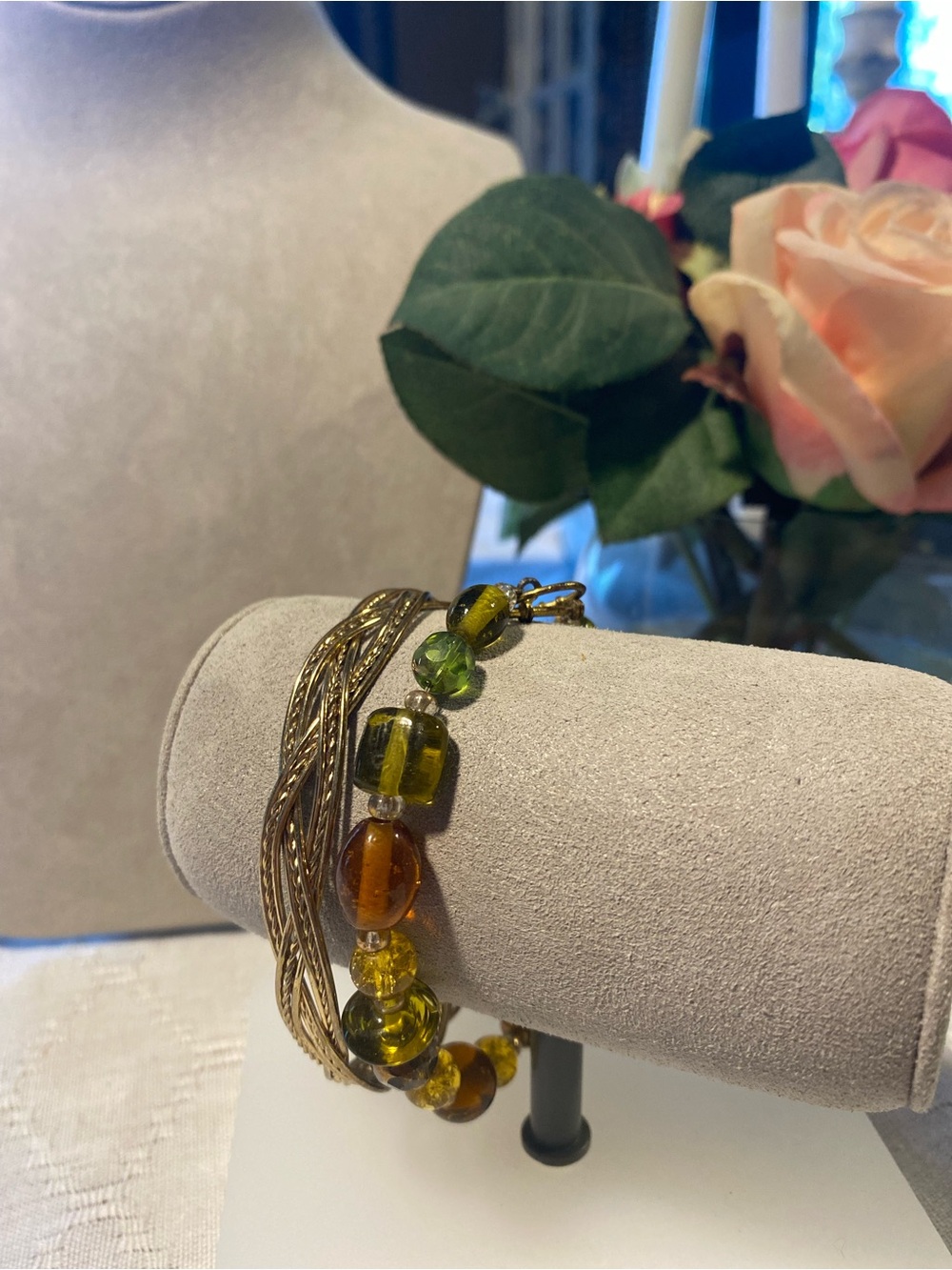 Earth Colored Glass Bead Stretch Bracelet & Gold Bracelet